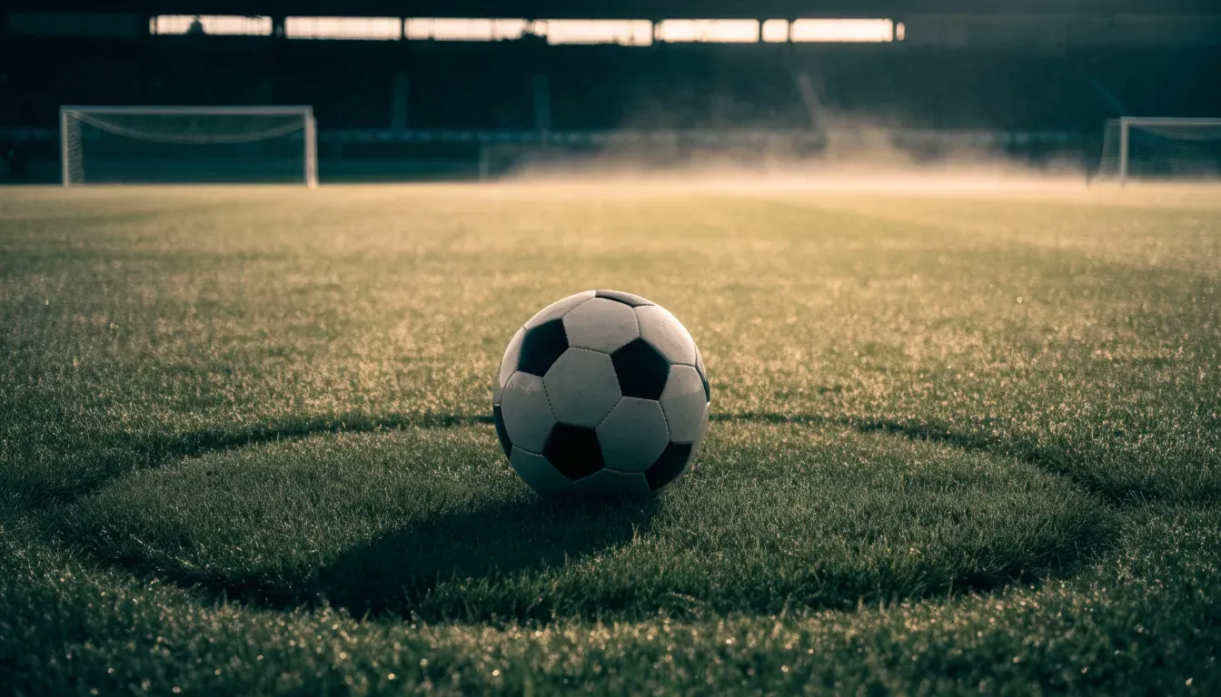 Ein Fußball liegt auf dem Mittelkreis eines leeren Rasenplatzes am frühen Morgen, im Hintergrund eine ferne Tribüne im Dunst.