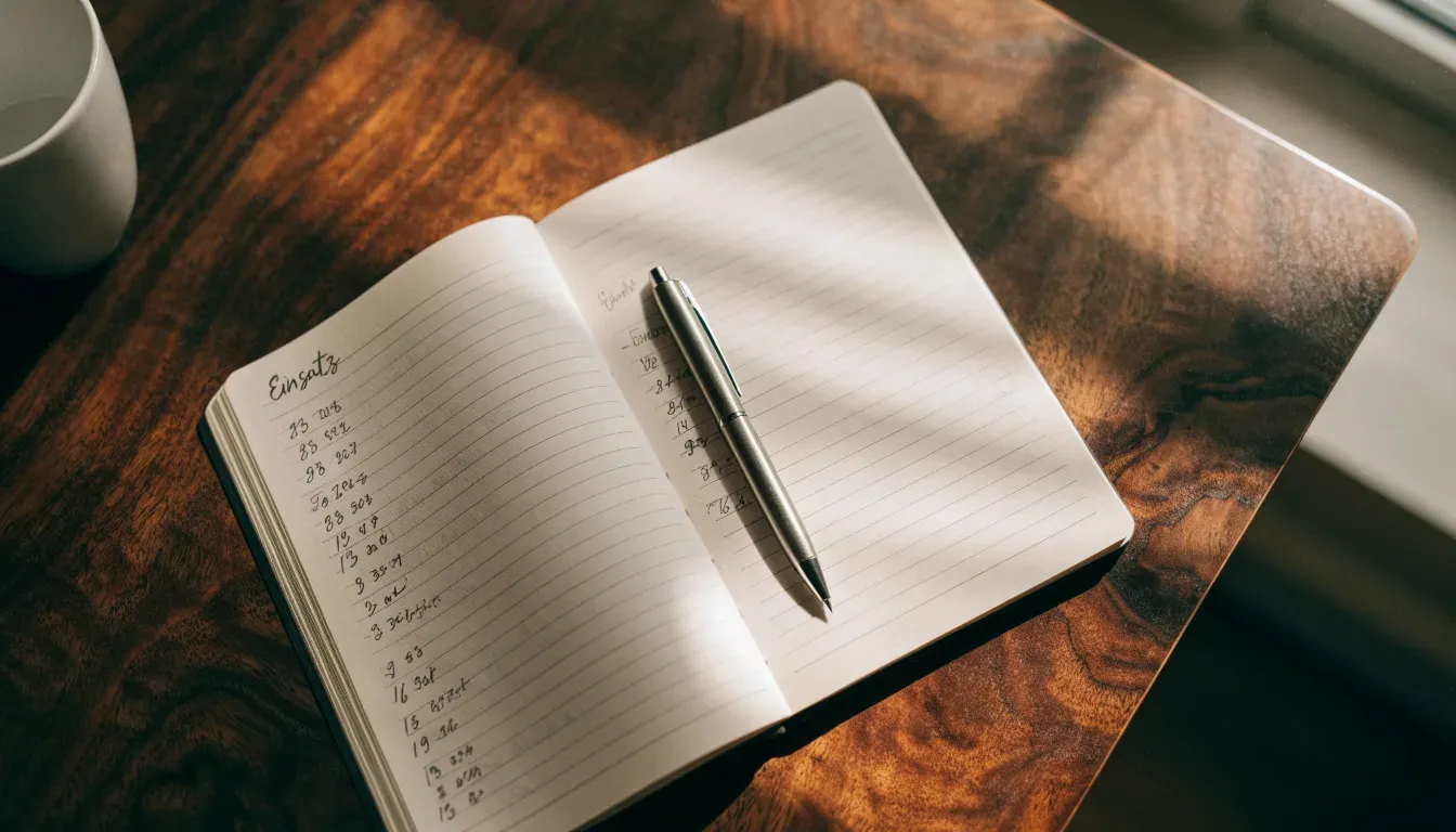 Ein Notizbuch mit handschriftlichen Notizen und ein Kugelschreiber liegen auf einem Schreibtisch neben einer Tasse, Blick schräg von oben.