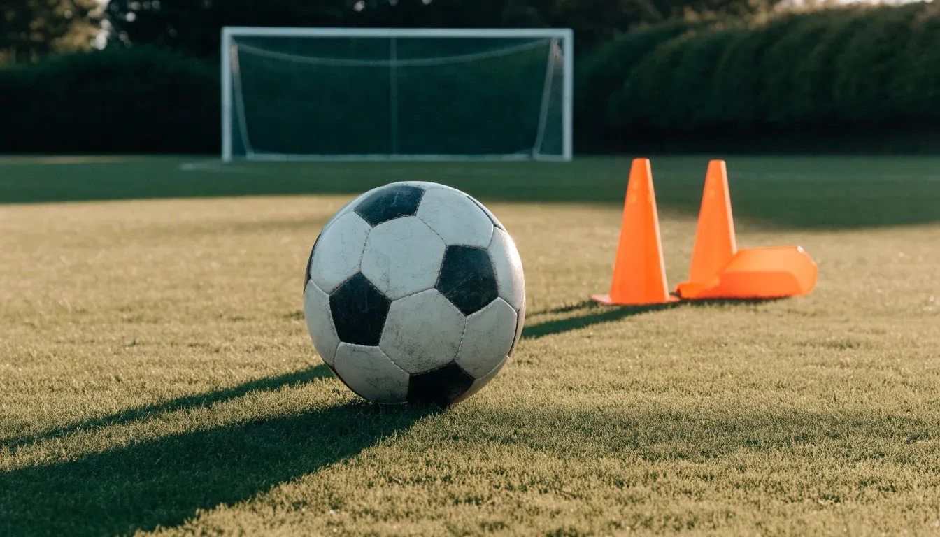 Ein Fußball liegt auf einem Trainingsplatz neben einem orangen Hütchen, Abendlicht fällt flach über den Rasen.