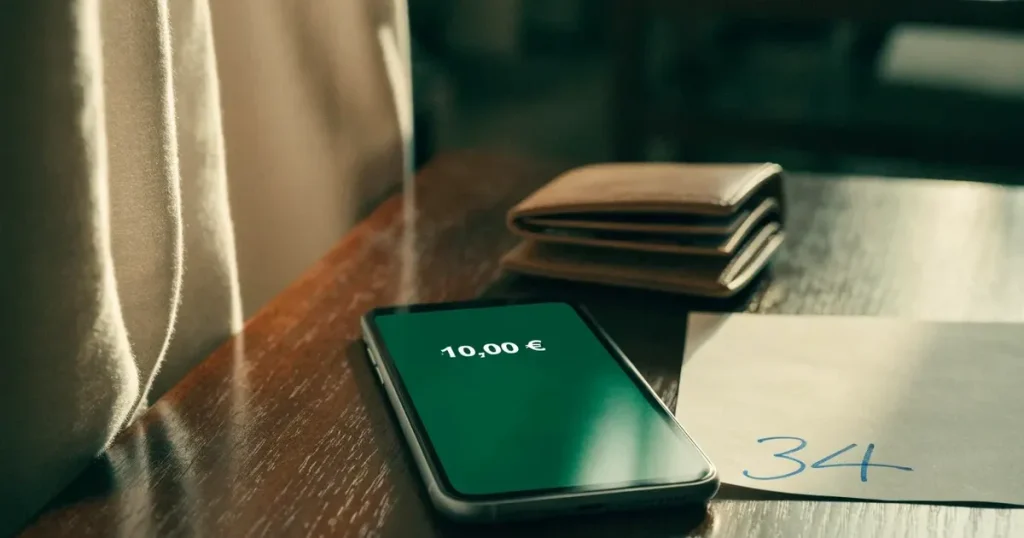Ein Portemonnaie aus Leder liegt geöffnet auf einem Holztisch neben einem Smartphone mit dunklem Display, Fensterlicht fällt von der Seite.