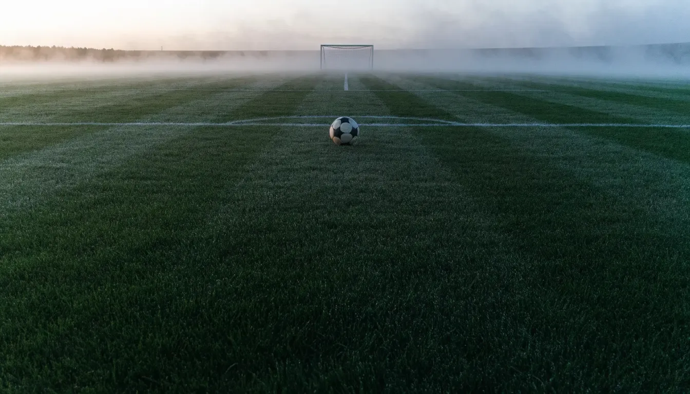 Ein leeres Fußballfeld im Morgennebel, die Mittellinie verliert sich im Dunst, kein Mensch ist zu sehen.