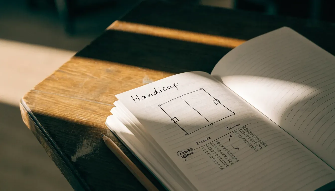 Ein aufgeschlagenes Notizbuch mit handschriftlichen Skizzen und Pfeilen liegt neben einem Bleistift auf einem Holztisch, Tageslicht fällt von der Seite.