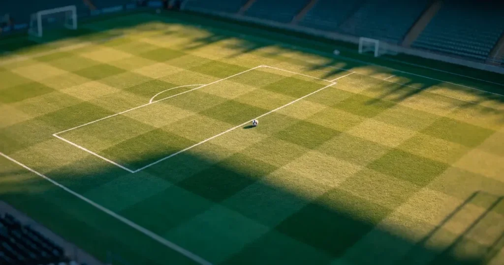 Ein Spielfeld aus der Vogelperspektive mit frisch gezogenen weißen Linien, ein einzelner Ball liegt im Strafraum, niemand ist zu sehen.