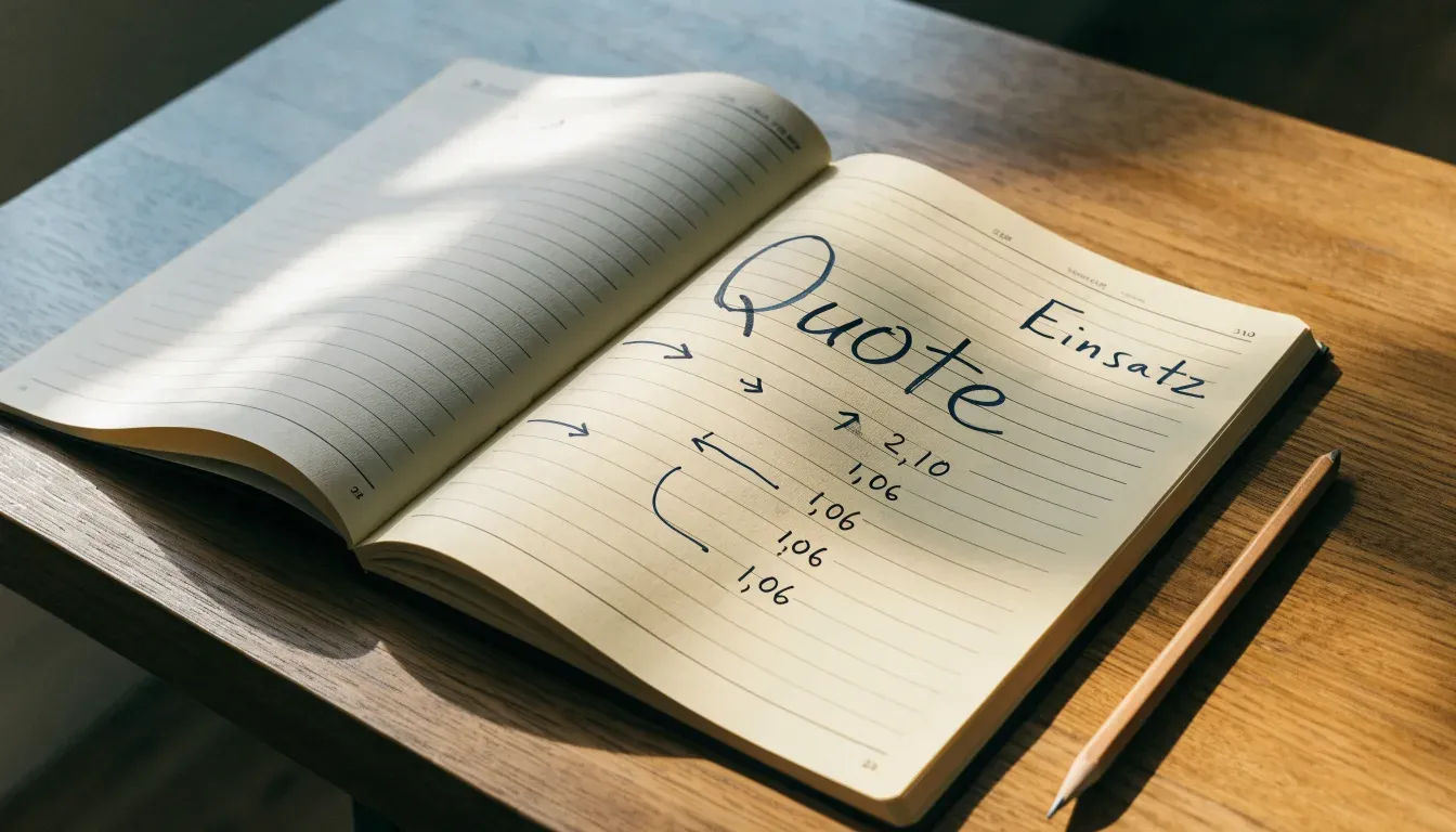 Ein aufgeschlagenes Notizbuch mit handschriftlichen Notizen und Pfeilen liegt neben einem Bleistift auf einem Holztisch, Tageslicht von links.