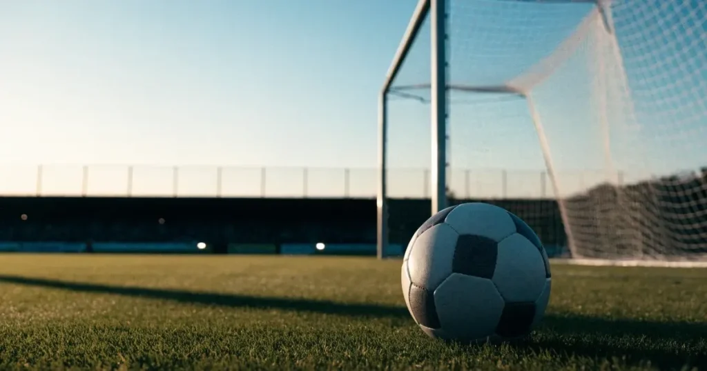 Ein Fußball liegt vor einem leeren Tor auf dem Rasen, das Netz hängt unbewegt, im Hintergrund ein verschwommener Zaun in warmem Abendlicht.
