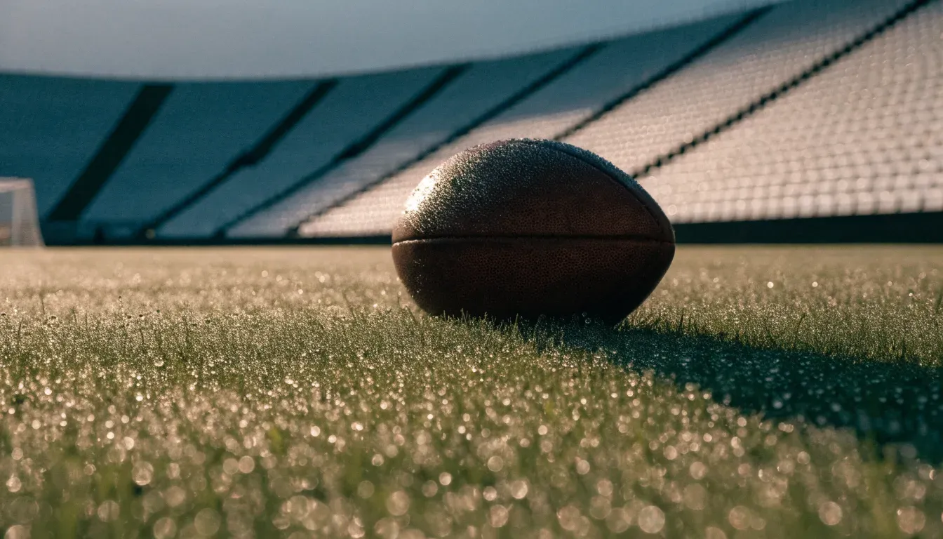 Ein Fußball liegt auf dem Rasen vor einer leeren Tribüne am frühen Morgen, Tau glänzt auf dem Gras.