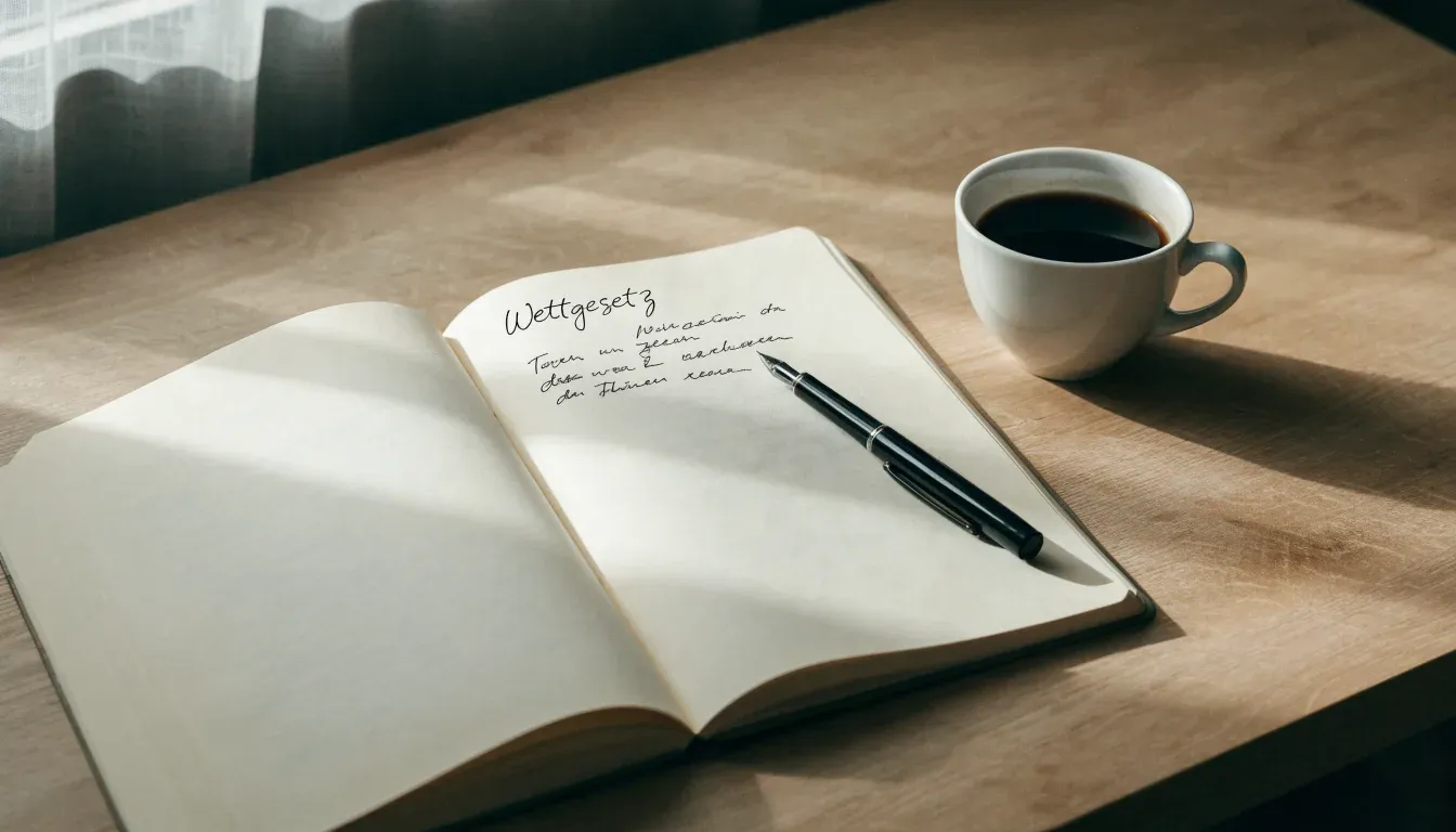 Ein Notizbuch mit handschriftlichen Notizen und ein Kugelschreiber liegen auf einem Schreibtisch neben einer Tasse, Blick schräg von oben.