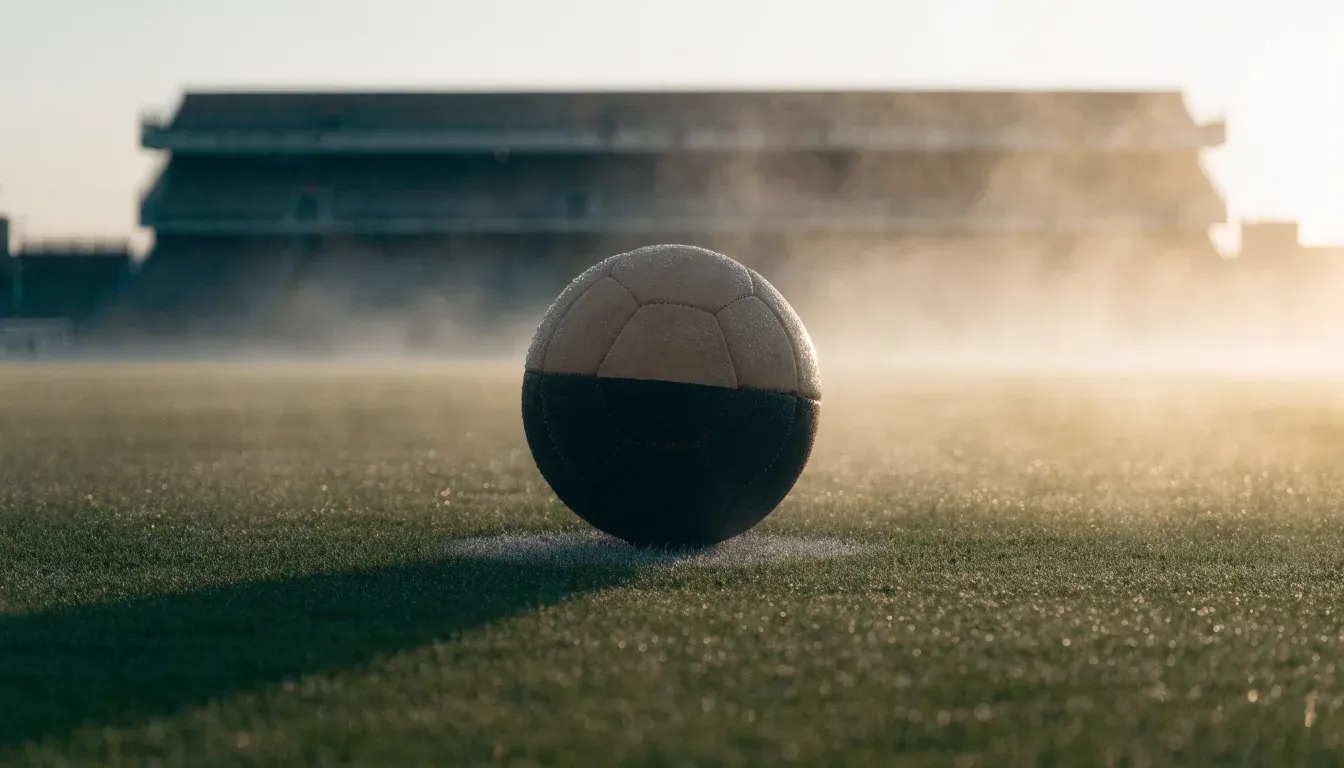 Ein Fußball liegt auf dem Anstoßpunkt eines leeren Rasenplatzes im Morgendunst, im Hintergrund eine ferne Tribüne.