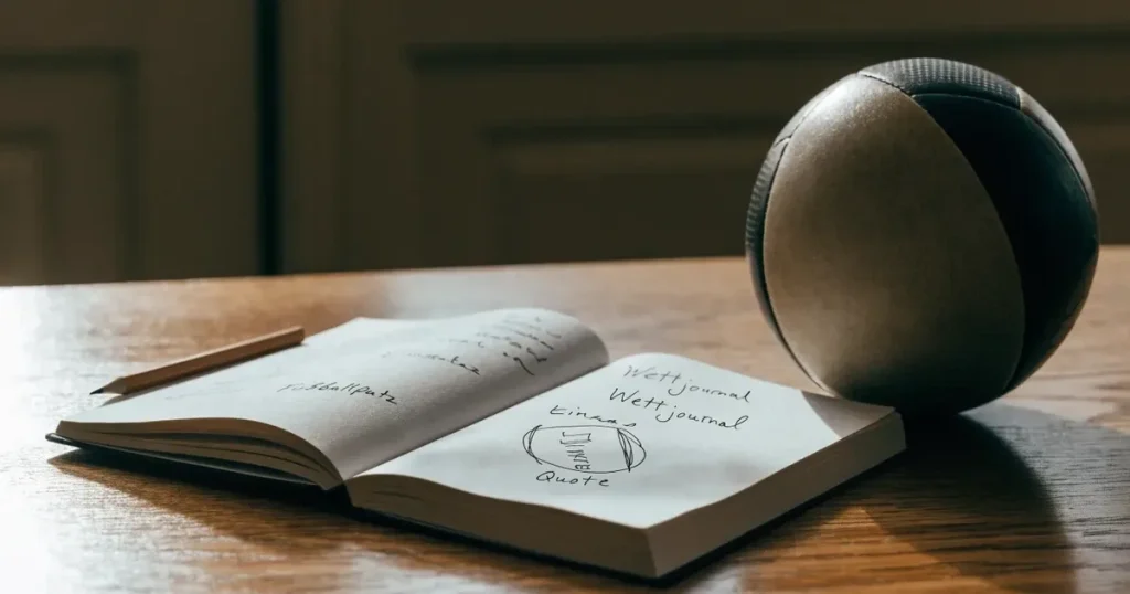 Ein Notizbuch mit handschriftlichen Notizen und kleinen Skizzen liegt aufgeschlagen neben einem Bleistift auf einem Schreibtisch, daneben ein Fußball.