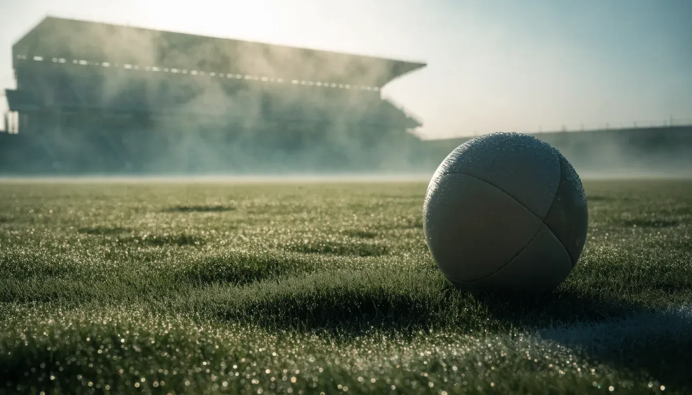 Ein Fußball liegt auf einem Rasenplatz, im Hintergrund eine ferne Tribüne im Morgendunst, Tau glänzt im Gras.