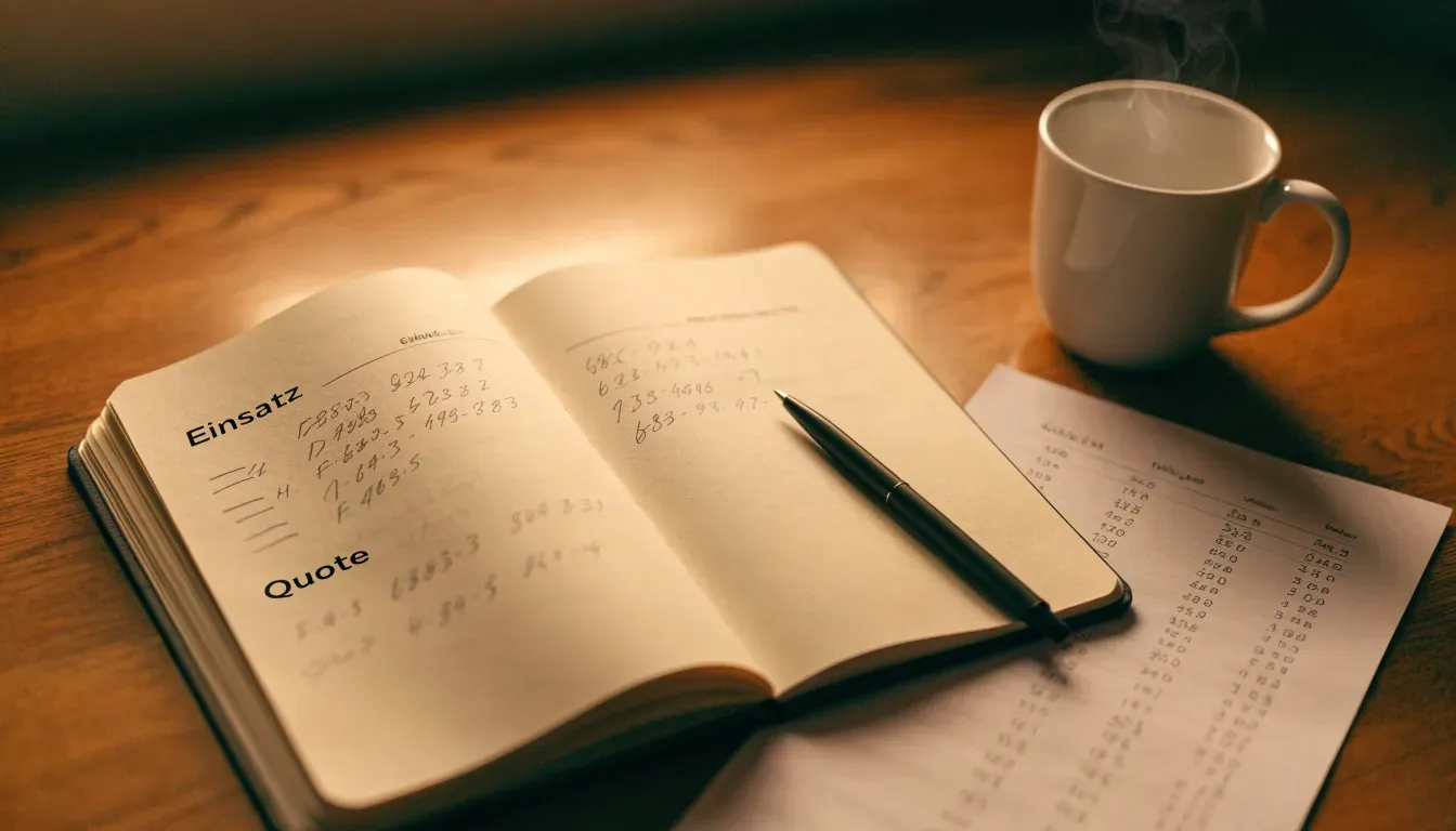 Ein Notizbuch mit handschriftlichen Notizen und ein Kugelschreiber liegen auf einem Schreibtisch neben einer Tasse, Blick schräg von oben.