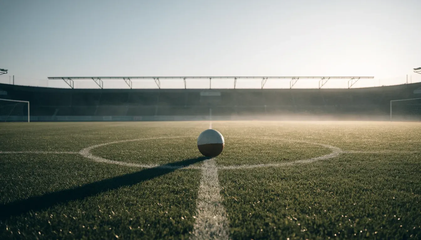 Ein Fußball liegt auf dem Mittelkreis eines leeren Rasenplatzes am frühen Morgen, im Hintergrund eine ferne Tribüne im Dunst.