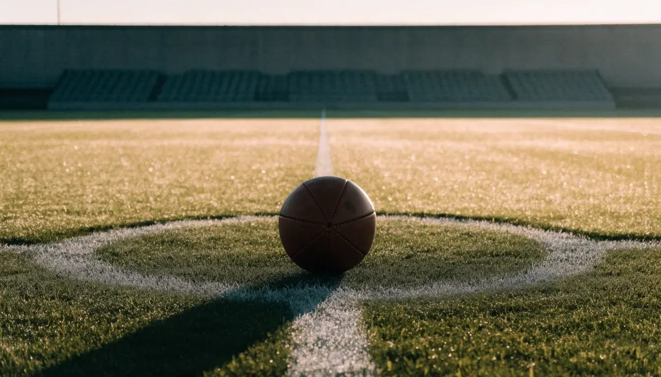 Ein Fußball liegt auf dem Mittelkreis eines leeren Rasenplatzes am frühen Morgen, im Hintergrund eine ferne Tribüne im Dunst.