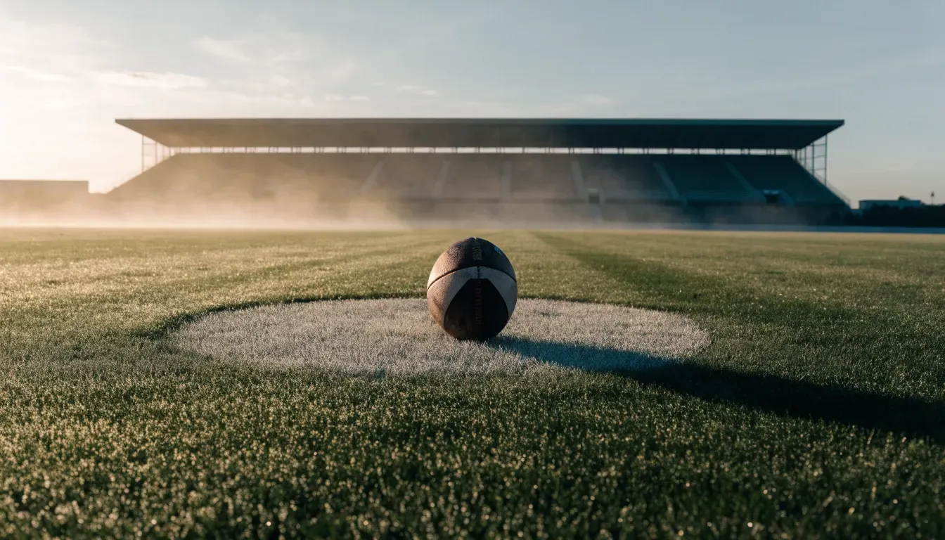Ein Fußball liegt auf dem Mittelkreis eines leeren Rasenplatzes am frühen Morgen, im Hintergrund eine ferne Tribüne im Dunst.