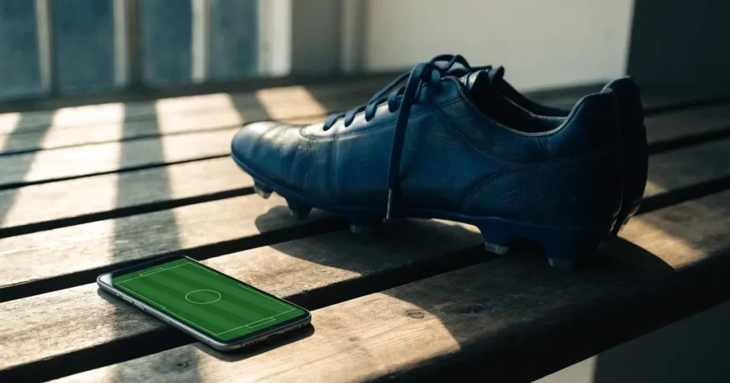 Ein Smartphone mit dunklem Display liegt auf einer Holzbank neben einem Paar Fußballschuhen, Morgenlicht fällt durch ein Fenster.