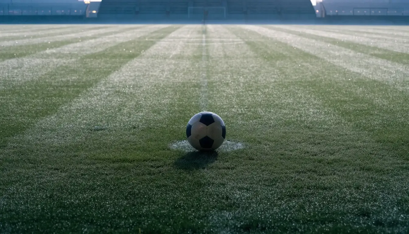 Ein Fußball liegt auf dem Mittelkreis eines leeren Rasenplatzes am frühen Morgen, im Hintergrund eine ferne Tribüne im Dunst.