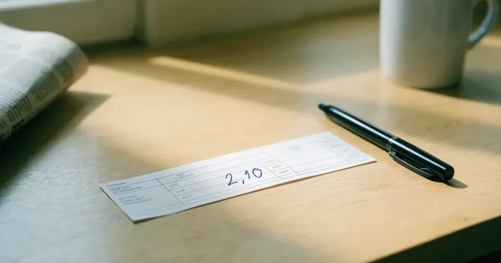 Ein leerer Papier-Wettschein ohne Aufdruck liegt neben einem Kugelschreiber auf einem hellen Tresen, weiches Seitenlicht.