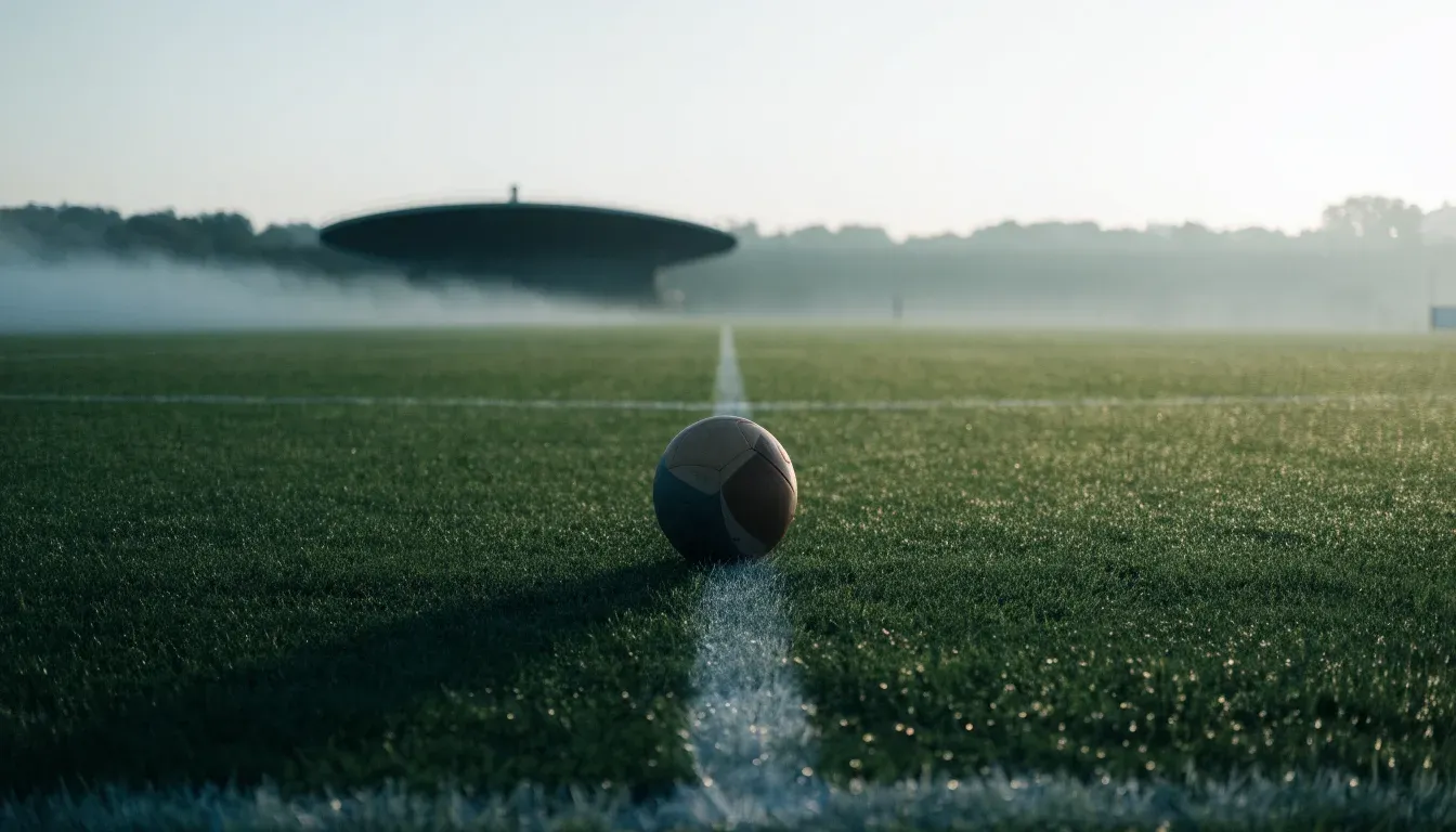 Ein Fußball liegt auf dem Mittelkreis eines leeren Rasenplatzes am frühen Morgen, im Hintergrund eine ferne Tribüne im Dunst.