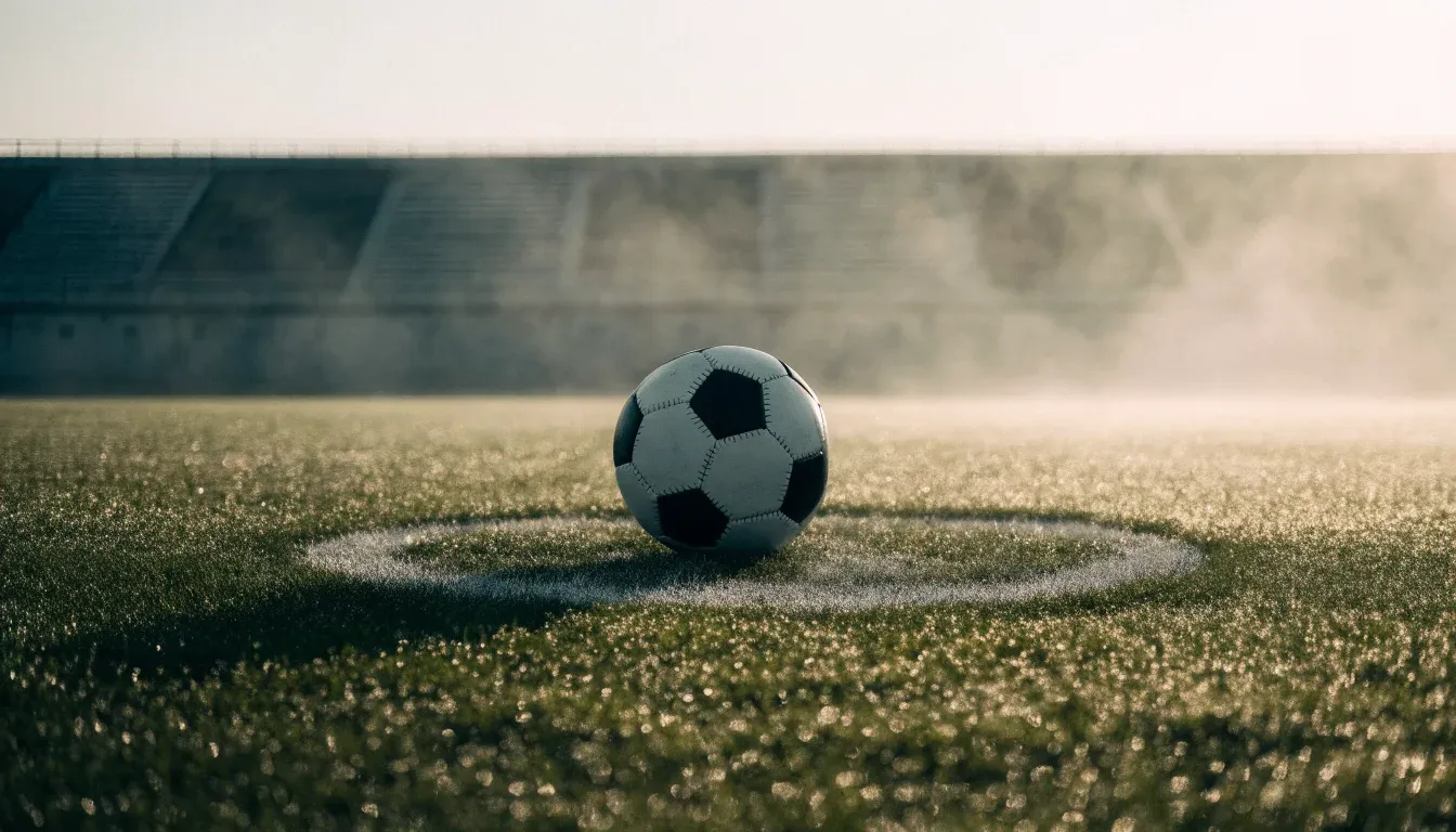Ein Fußball liegt auf dem Anstoßpunkt eines leeren Rasenplatzes im Morgendunst, im Hintergrund eine ferne Tribüne.
