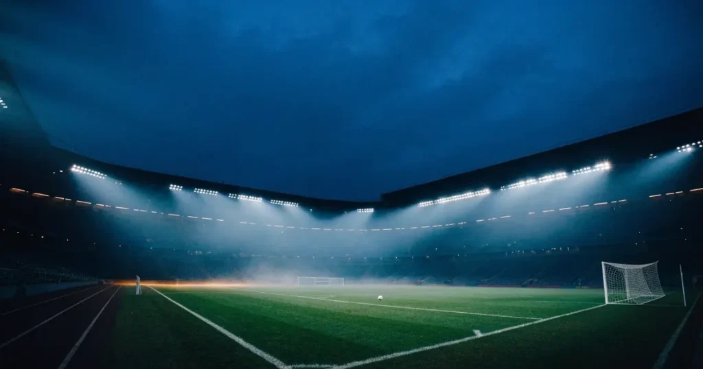 Ein Stadion unter Flutlicht aus der Ferne am Abend, hell erleuchtet, Nebel liegt über dem Rasen.