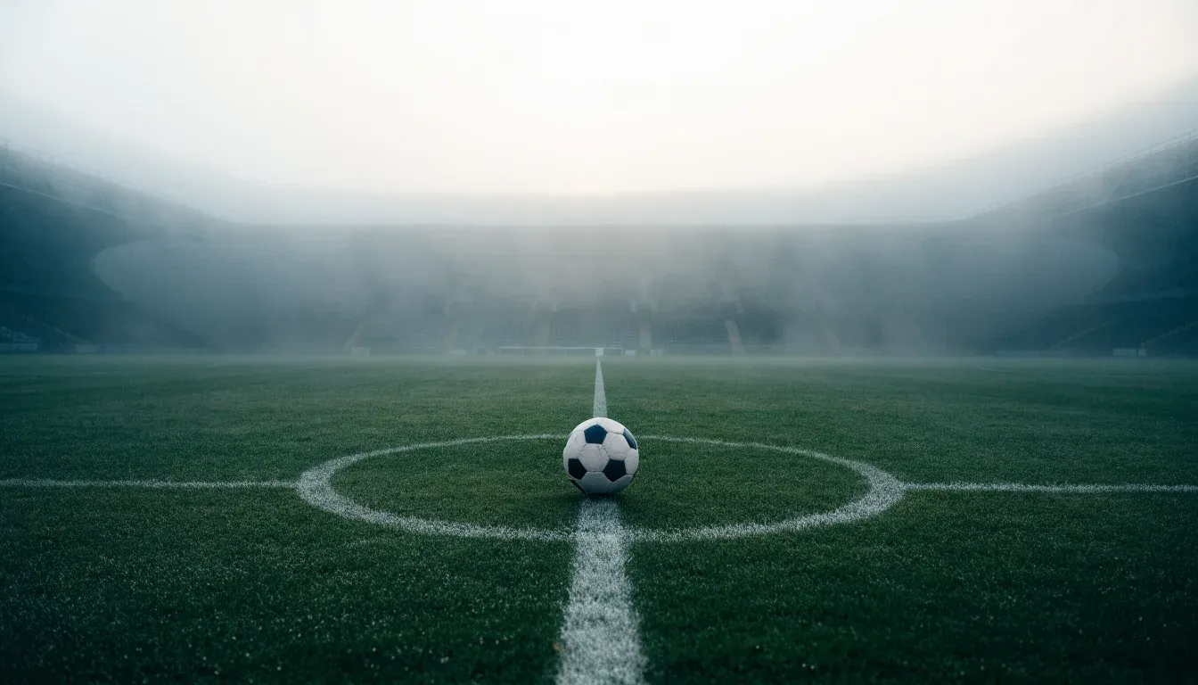 Ein Fußball liegt auf dem Anstoßpunkt eines leeren Rasenplatzes im Morgennebel, im Hintergrund verschwimmen die Tribünen.