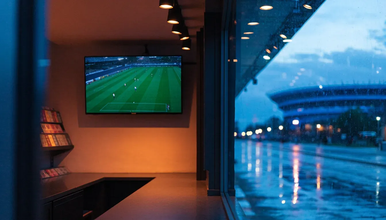 Ein Stadion unter Flutlicht aus großer Entfernung gesehen, davor eine nasse Straße in der Abenddämmerung.