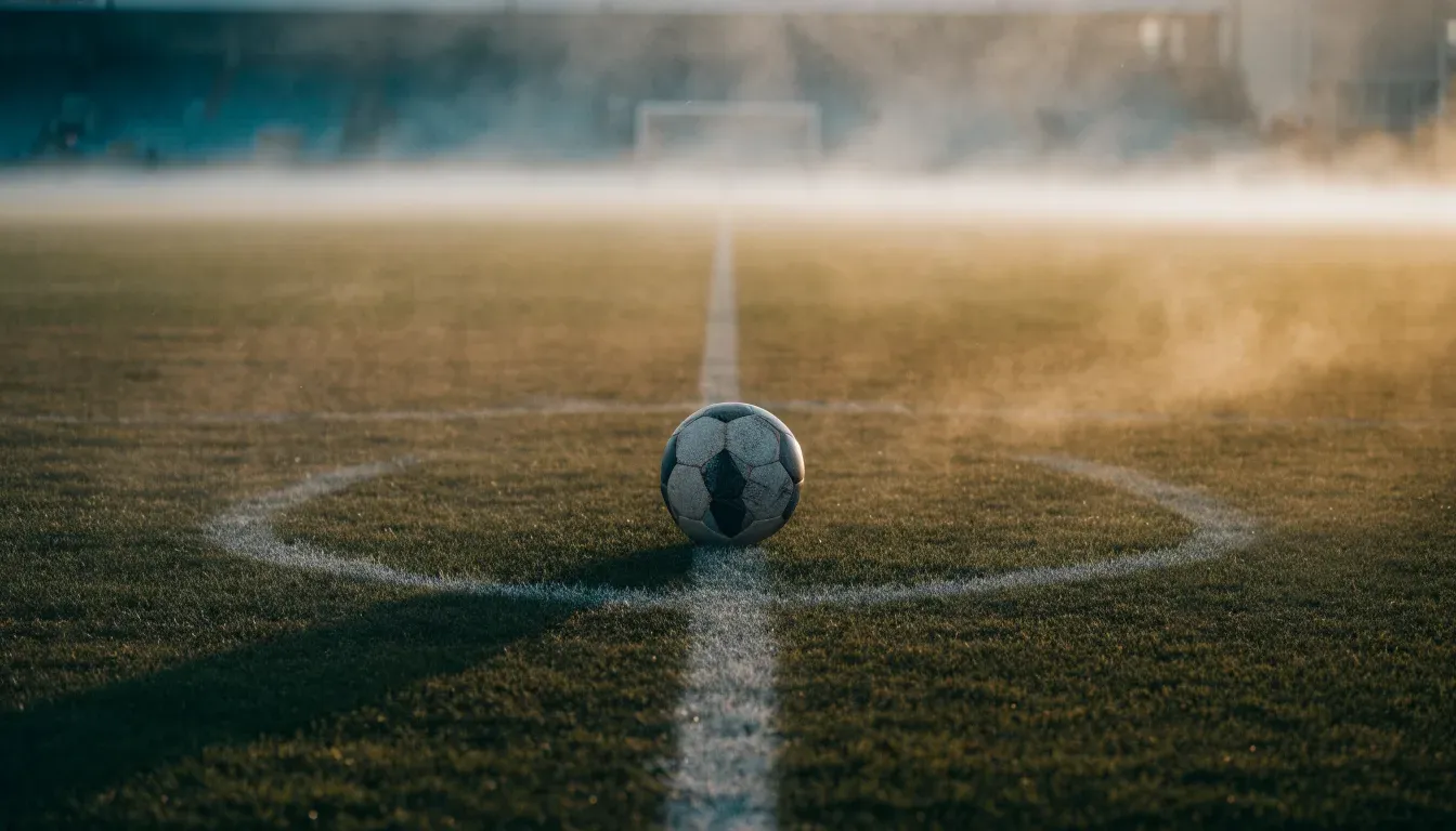 Ein Fußball liegt auf dem Anstoßpunkt eines leeren Rasenplatzes im Morgennebel.