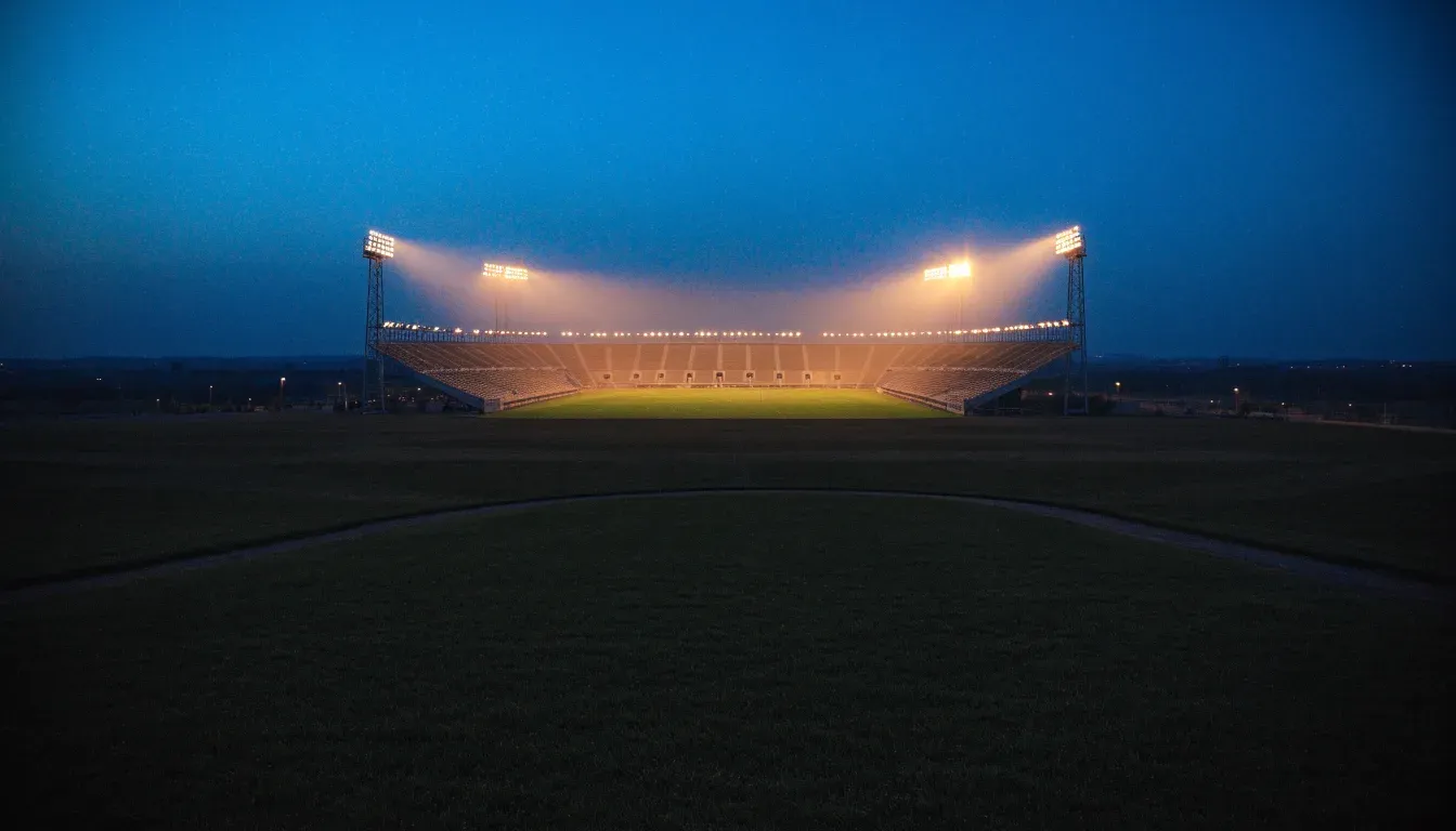 Ein Stadion unter Flutlicht aus großer Entfernung gesehen, der Himmel darüber ist tiefblau.