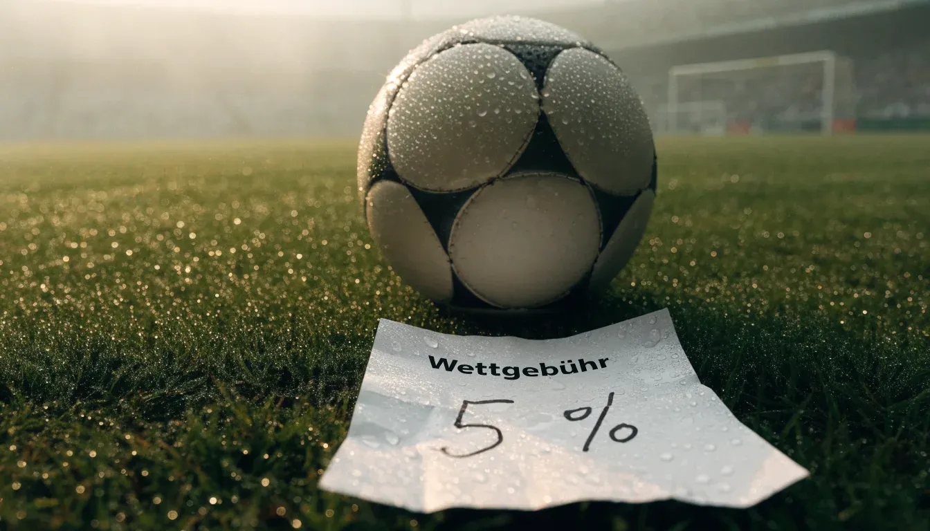 Ein Fußball liegt auf dem Rasen eines leeren Platzes im Morgennebel, im Hintergrund verschwimmen die Tribünen.