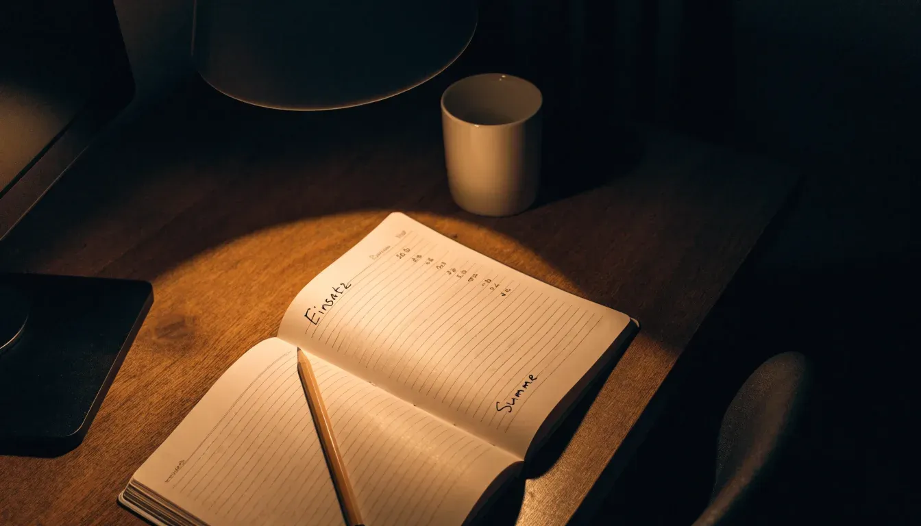 Ein aufgeschlagenes Notizbuch mit handschriftlichen Notizen und ein Bleistift liegen auf einem Schreibtisch im Licht einer Lampe.