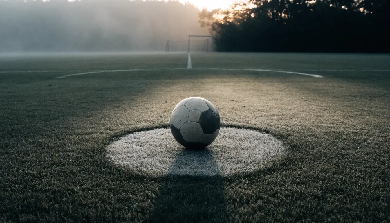 Ein Fußball liegt auf dem Anstoßpunkt eines leeren Rasenplatzes im Morgennebel.