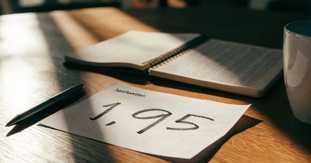 Ein leerer Wettschein aus Papier und ein Kugelschreiber liegen auf einem Holztisch, daneben ein kleiner Taschenrechner im Seitenlicht.
