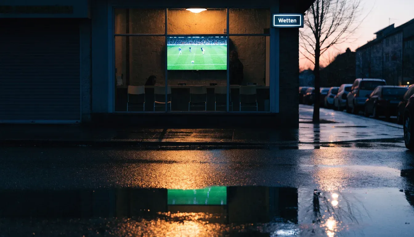 Ein Stadion unter Flutlicht aus großer Entfernung gesehen, davor eine regennasse Straße in der Dämmerung.