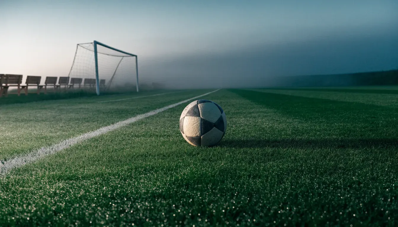 Ein Fußball liegt auf dem Rasen eines leeren Platzes im Morgennebel, am Rand stehen unbesetzte Ersatzbänke.