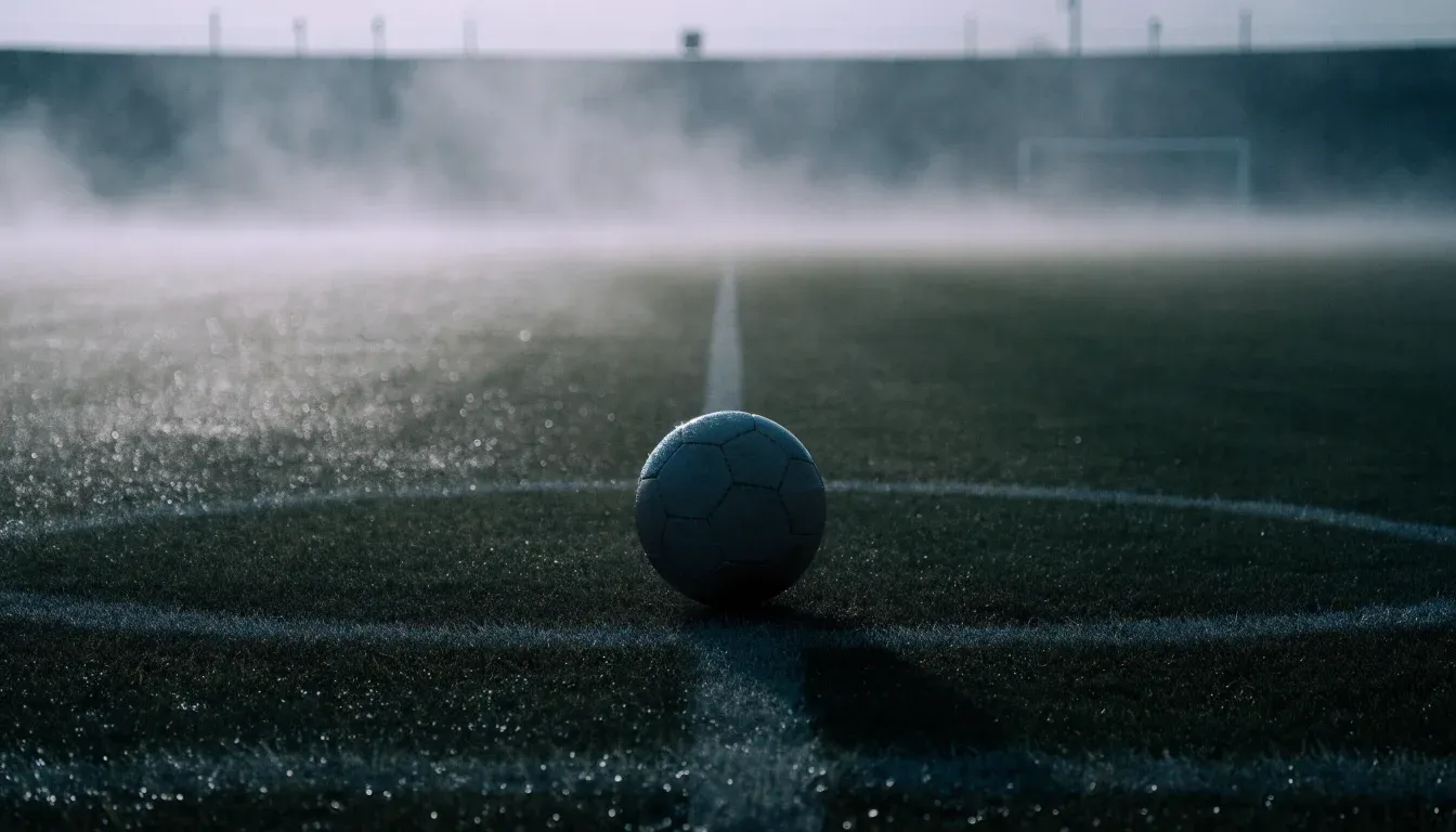 Ein Fußball liegt auf dem Anstoßpunkt eines leeren Rasenplatzes im Morgennebel.