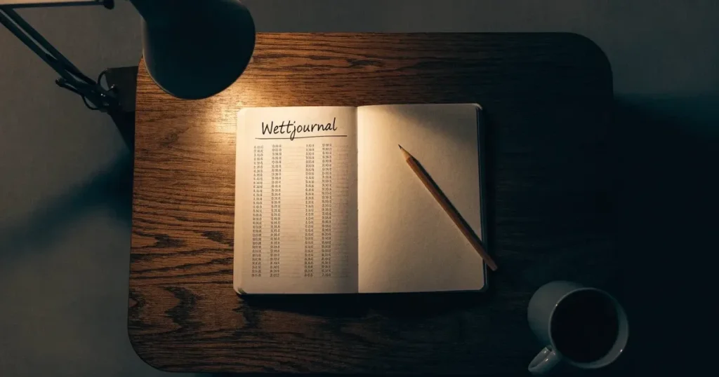 Ein aufgeschlagenes Notizbuch mit handschriftlichen Notizen und ein Bleistift liegen auf einem Schreibtisch im Licht einer Lampe.