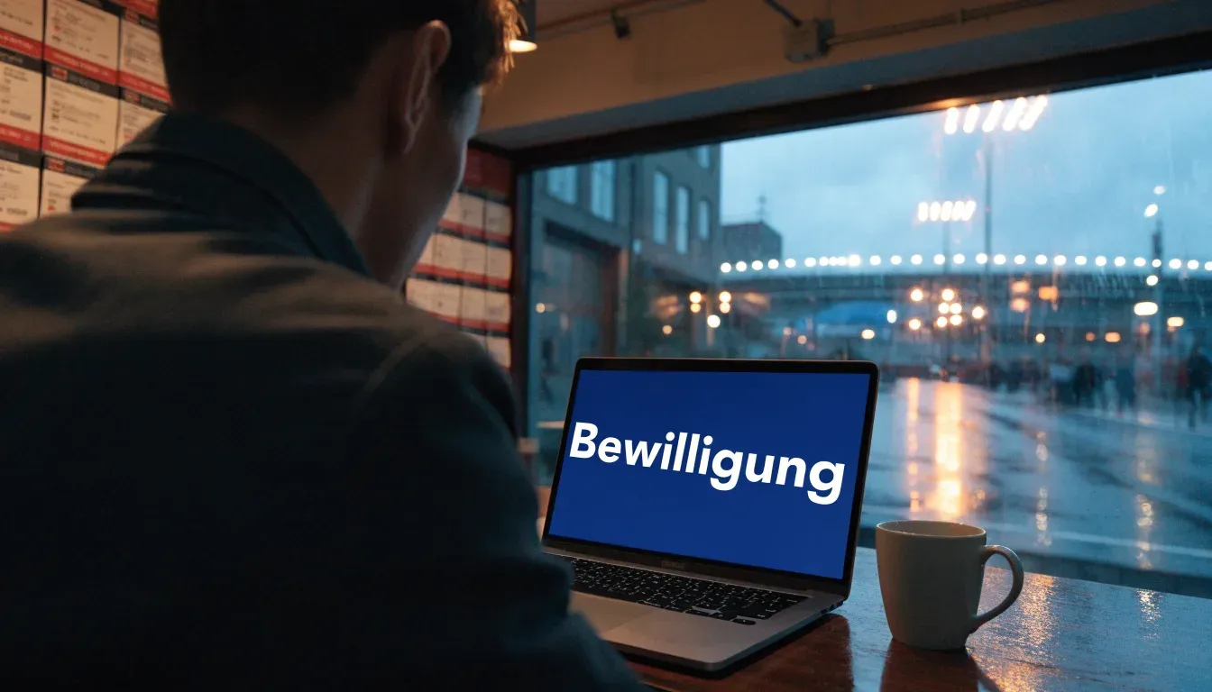 Ein Stadion unter Flutlicht aus großer Entfernung gesehen, davor eine regennasse Straße in der Dämmerung.