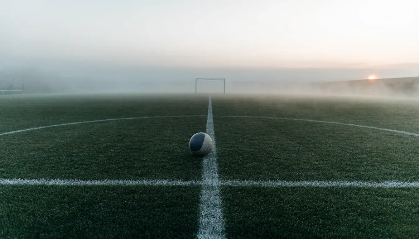 Ein Fußball liegt auf dem Anstoßpunkt eines leeren Rasenplatzes im Morgennebel.