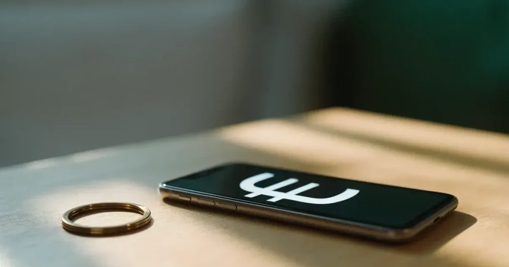 Ein Smartphone mit dunklem Display liegt auf einem hellen Tisch neben einem Schlüsselbund, Tageslicht fällt von der Seite ein.