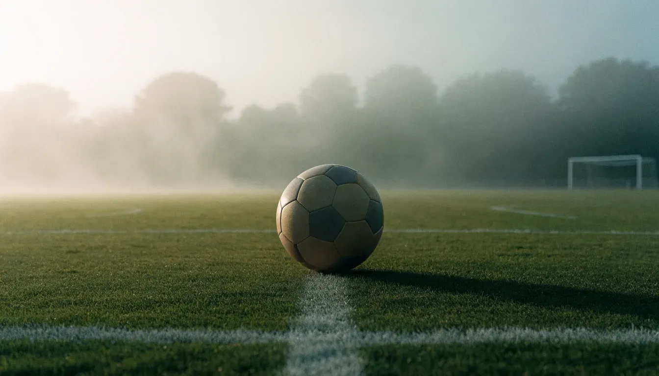 Ein Fußball liegt auf dem Anstoßpunkt eines leeren Rasenplatzes im Morgennebel.