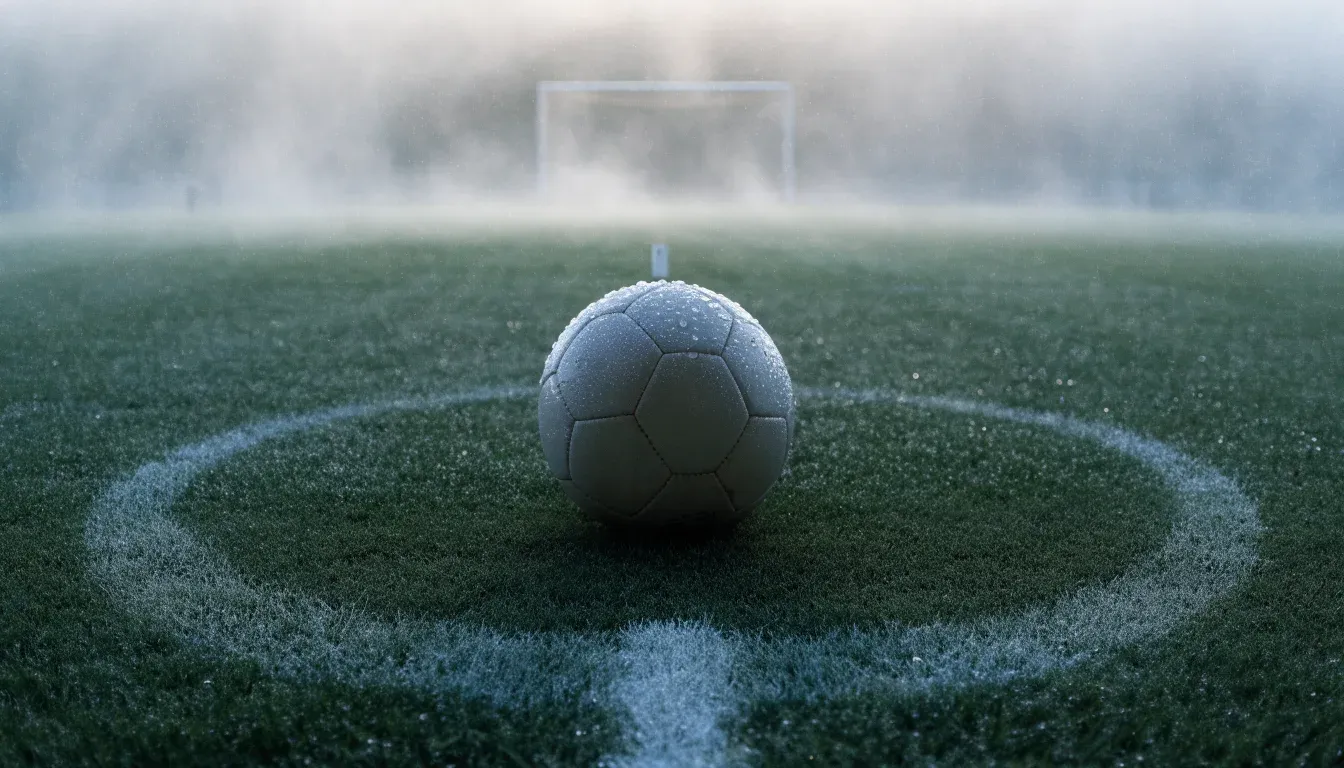 Ein Fußball liegt auf dem Anstoßpunkt eines leeren Rasenplatzes im Morgennebel.
