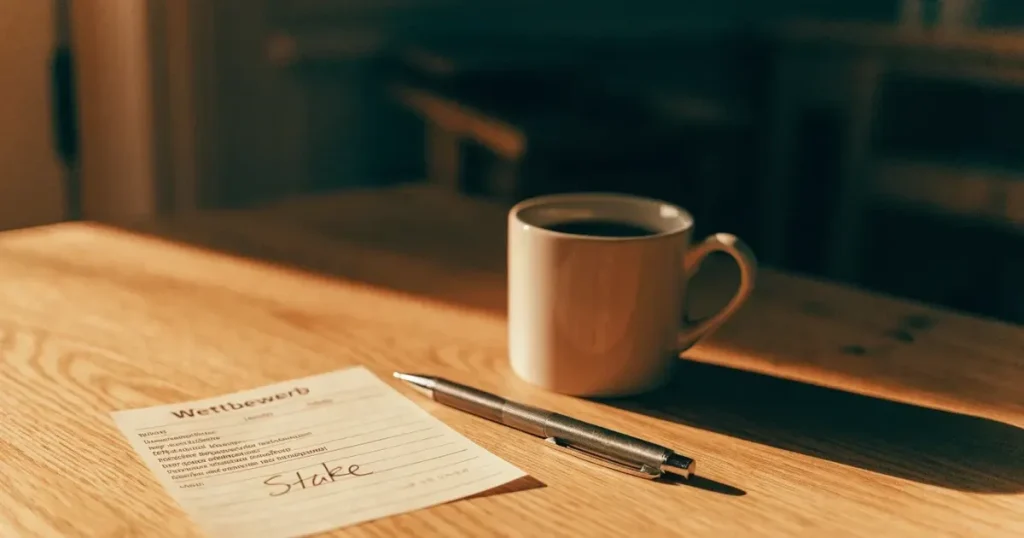 Ein leerer Wettschein aus Papier und ein Kugelschreiber liegen auf einem hellen Holztisch neben einer Kaffeetasse im warmen Seitenlicht.