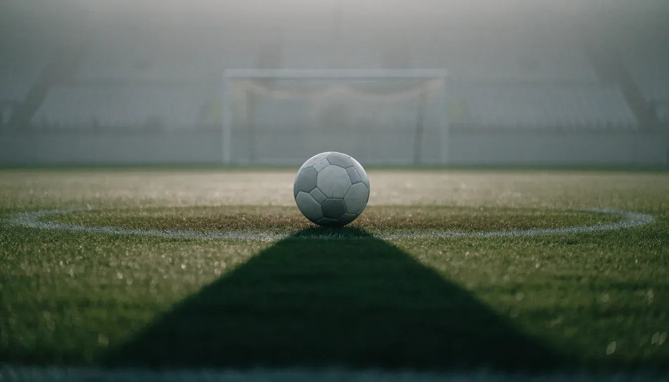 Ein Fußball liegt auf dem Anstoßpunkt eines leeren Rasenplatzes im Morgennebel.