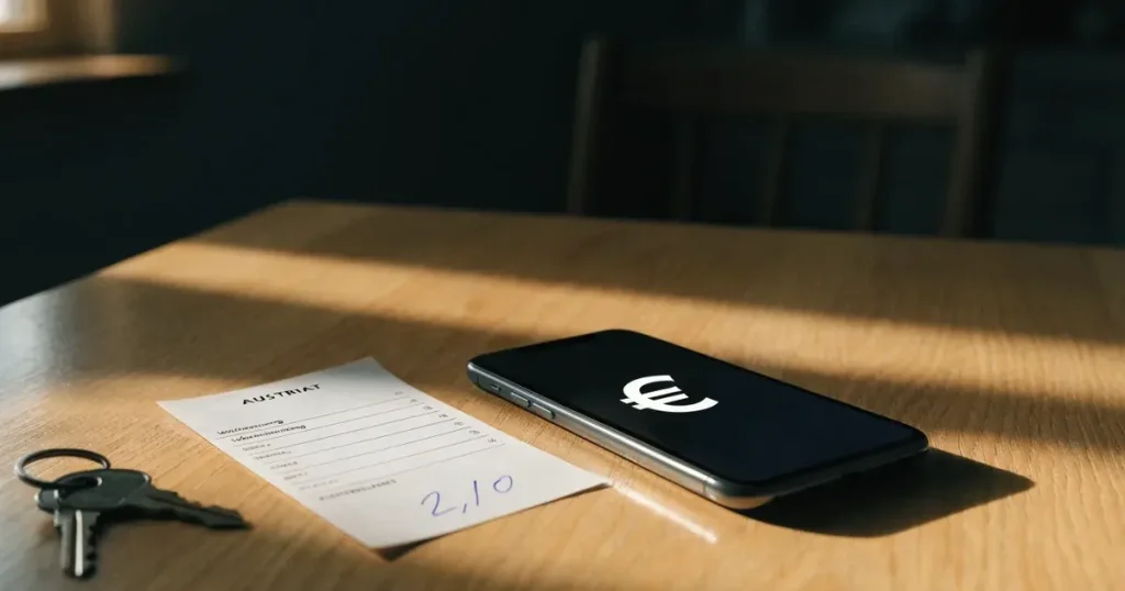 Ein Smartphone mit dunklem Display liegt auf einem hellen Tisch neben einem Schlüsselbund, Tageslicht fällt von der Seite ein.