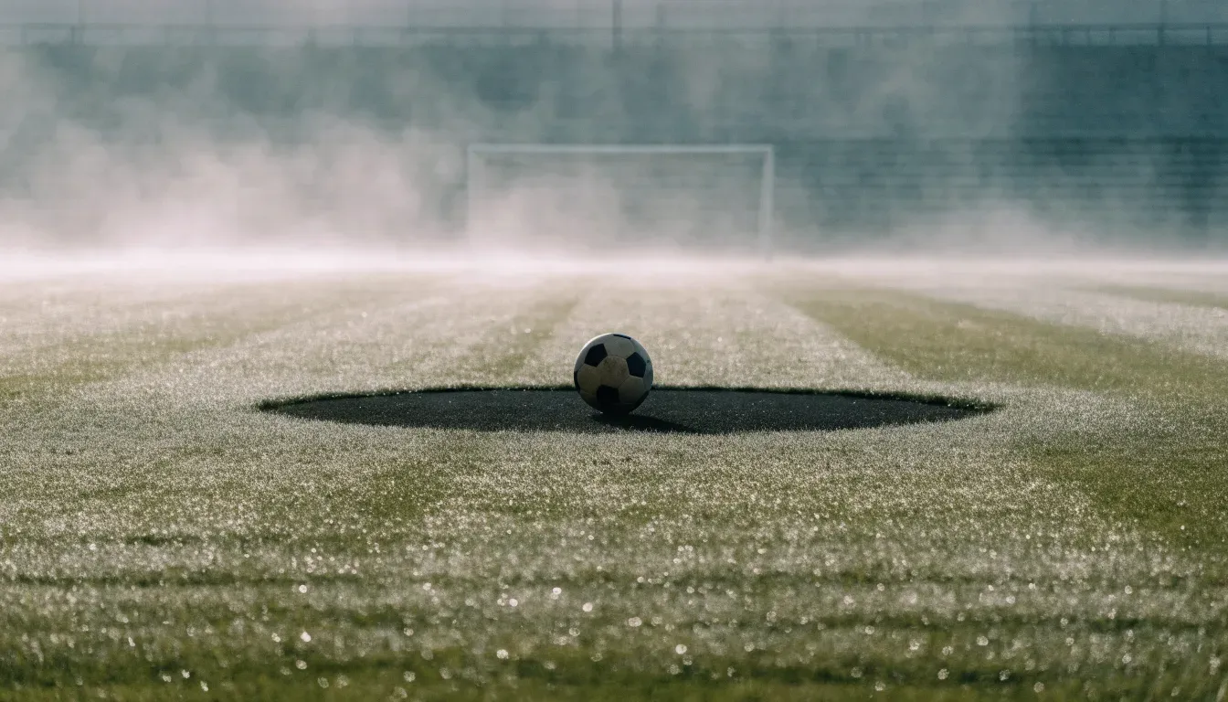 Ein Fußball liegt auf dem Anstoßpunkt eines leeren Rasenplatzes im Morgennebel.