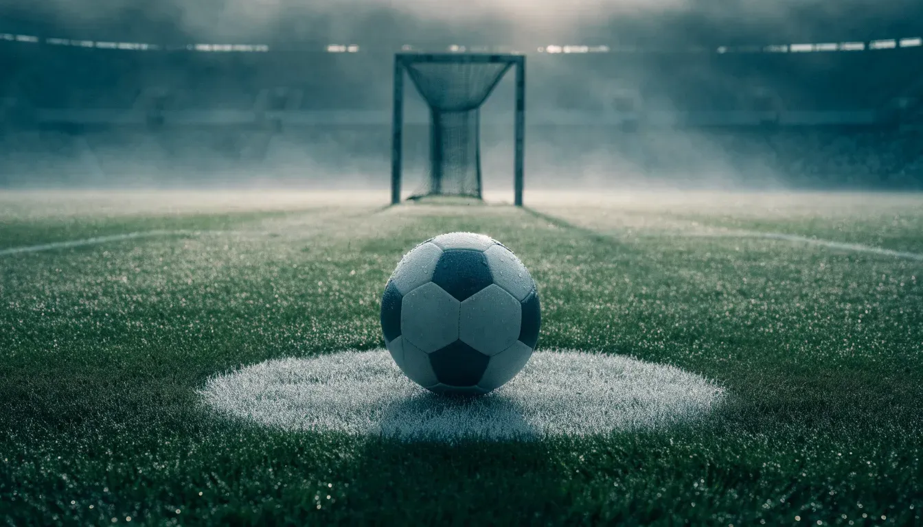 Ein Fußball liegt auf dem Anstoßpunkt eines leeren Rasenplatzes im Morgennebel.