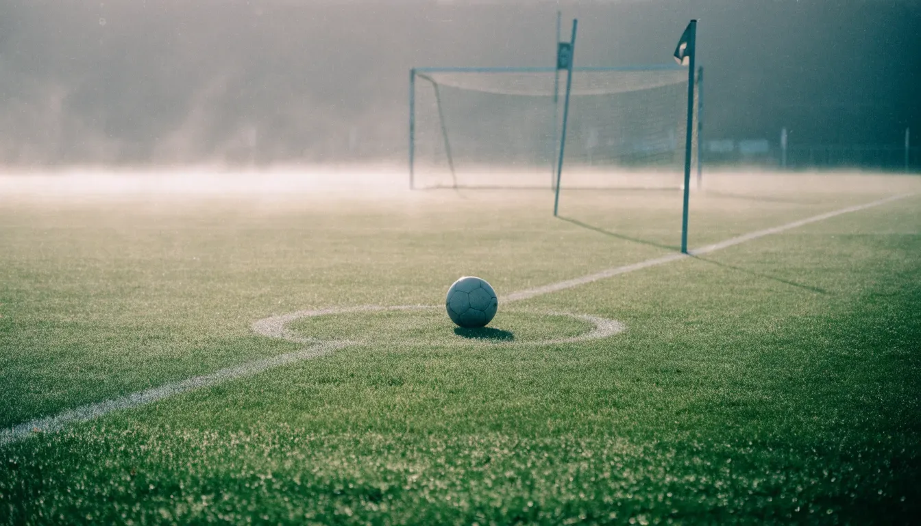 Ein Fußball liegt auf dem Anstoßpunkt eines leeren Rasenplatzes im Morgennebel.