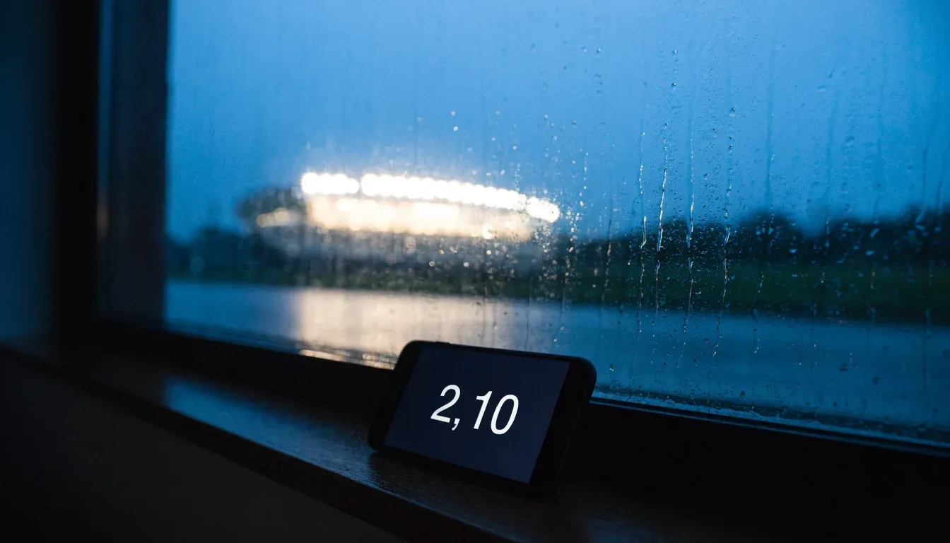 Ein Stadion unter Flutlicht aus großer Entfernung gesehen, davor eine regennasse Straße in der Dämmerung.