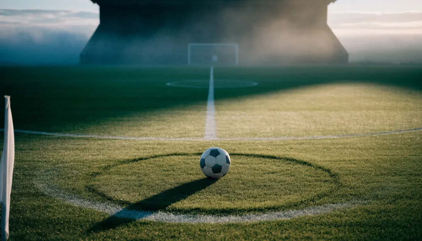 Ein Fußball liegt auf dem Anstoßpunkt eines leeren Rasenplatzes im Morgennebel.