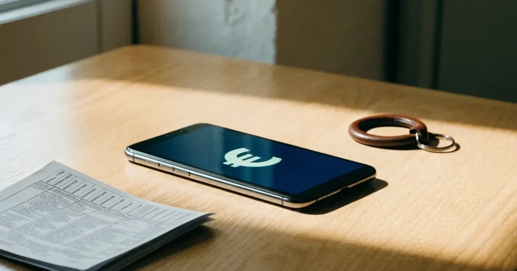 Ein Smartphone mit dunklem Display liegt auf einem hellen Tisch neben einem Schlüsselbund, Tageslicht fällt von der Seite ein.